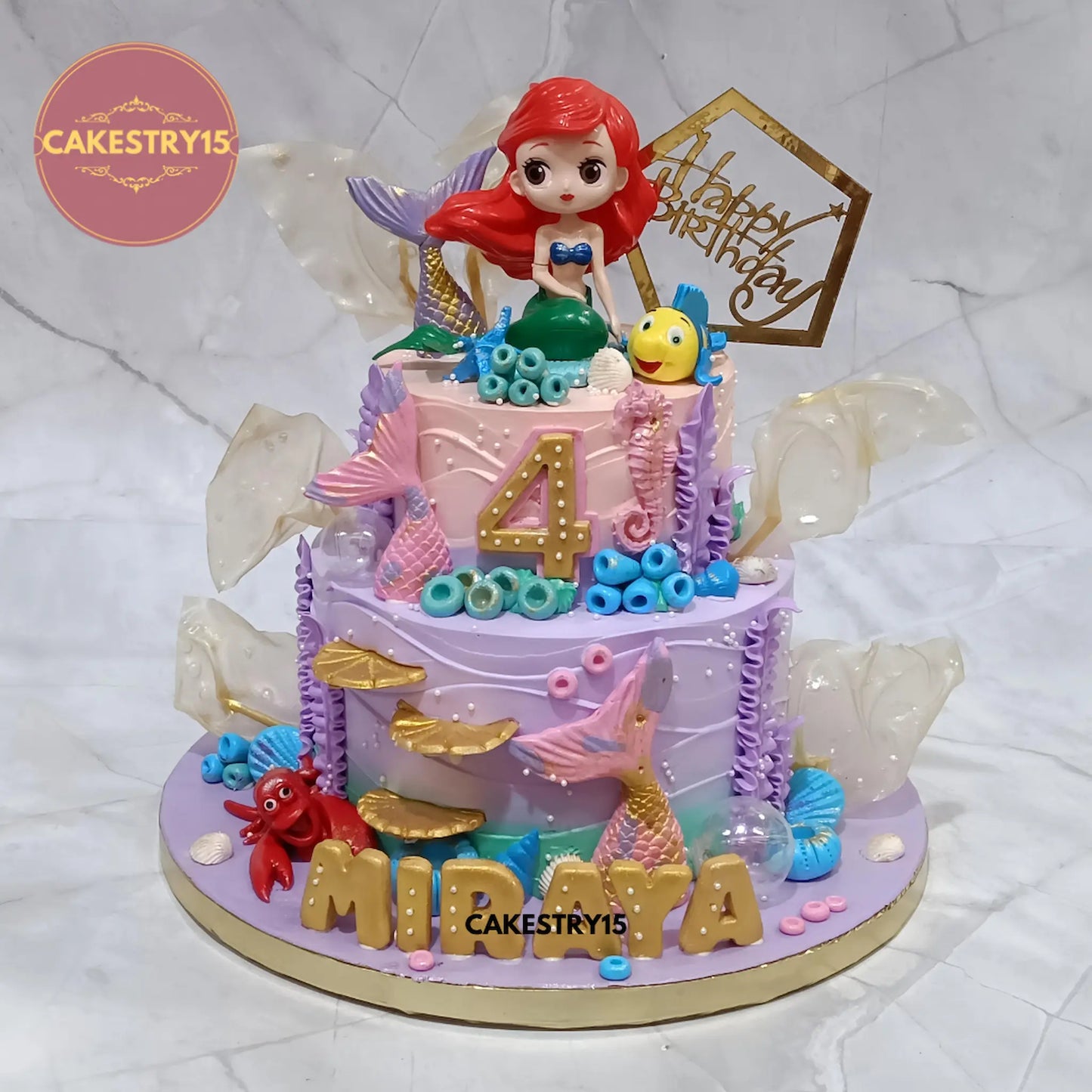 3kg black forest mermaid theme birthday cake with sea corals, fondant fish, and mermaid topper from Cakestry15