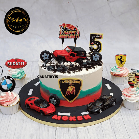 2kg Black Forest cake with Thar and Ferrari toppers for Moksh’s 5th birthday by Cakestry15