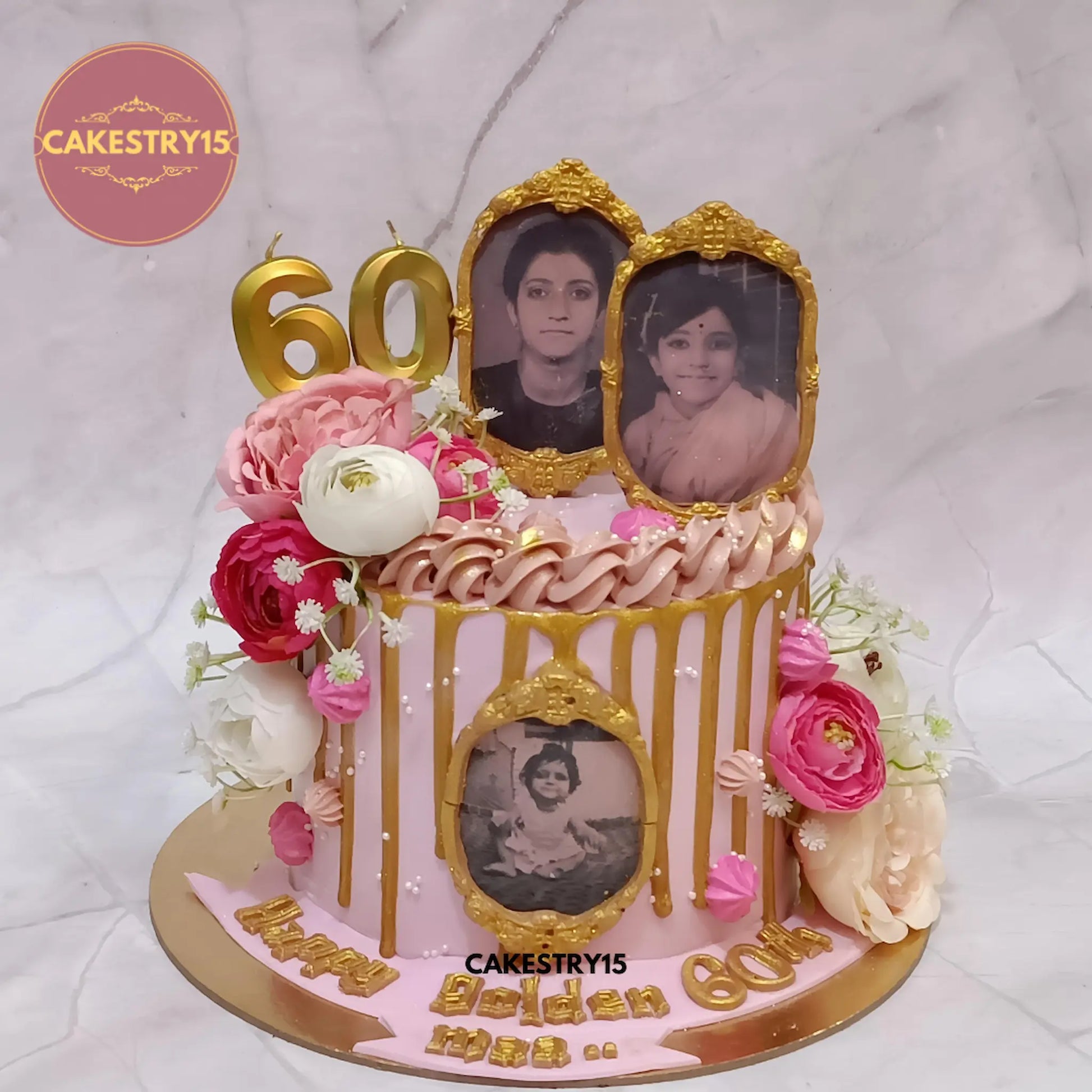 1kg pineapple cake for mom’s 60th birthday with edible photo frames and golden drip, made by Cakestry15 in Noida