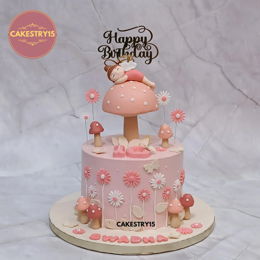 2kg chocolate fairy theme birthday cake with mushroom design from Cakestry15