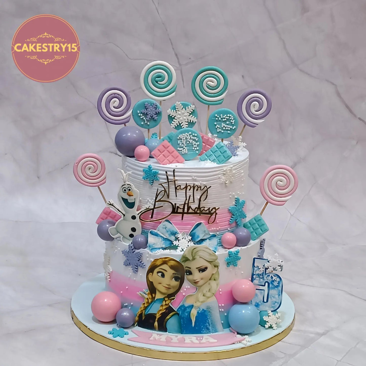 Frozen theme birthday cake for kids in Noida, 3kg eggless chocolate cake with edible princess image by Cakestry15