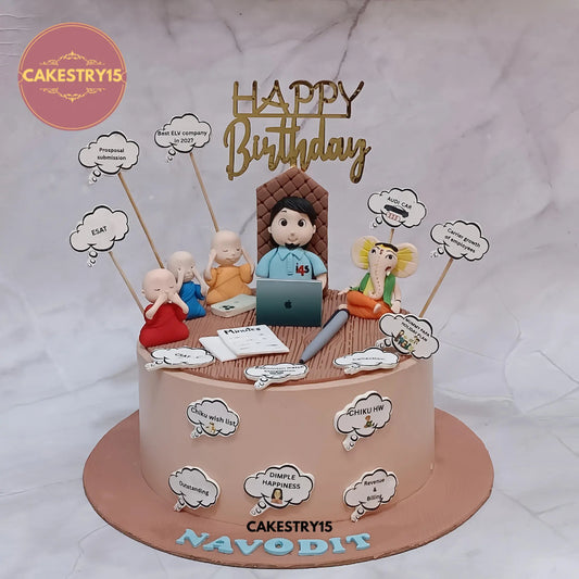 1.5kg chocolate corporate cake with boss figurine, desk, Ganeshji, monks, and thought bubbles from Cakestry15
