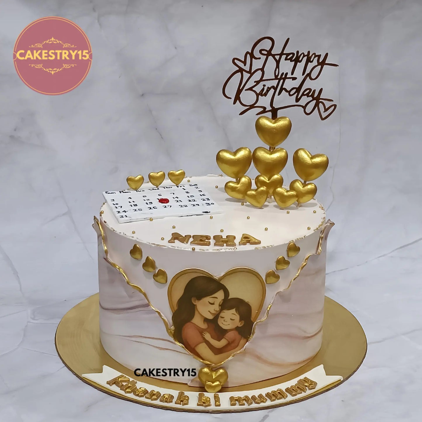 2kg choco vanilla birthday cake with marble fondant, golden hearts, edible image and custom calendar topper from Cakestry15 Noida