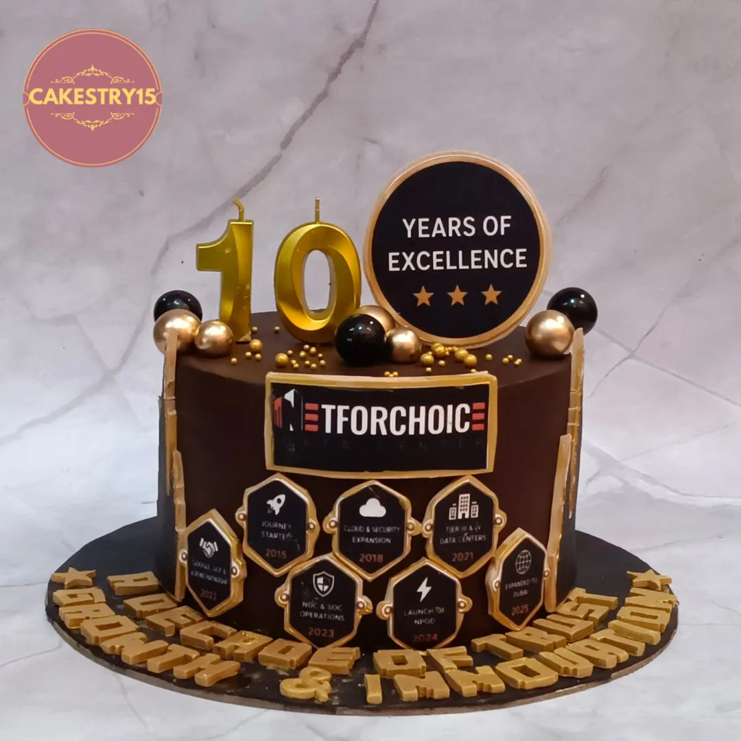 Premium corporate anniversary cake featuring edible achievement images, handcrafted as an eggless theme cake Noida for milestone celebrations.
