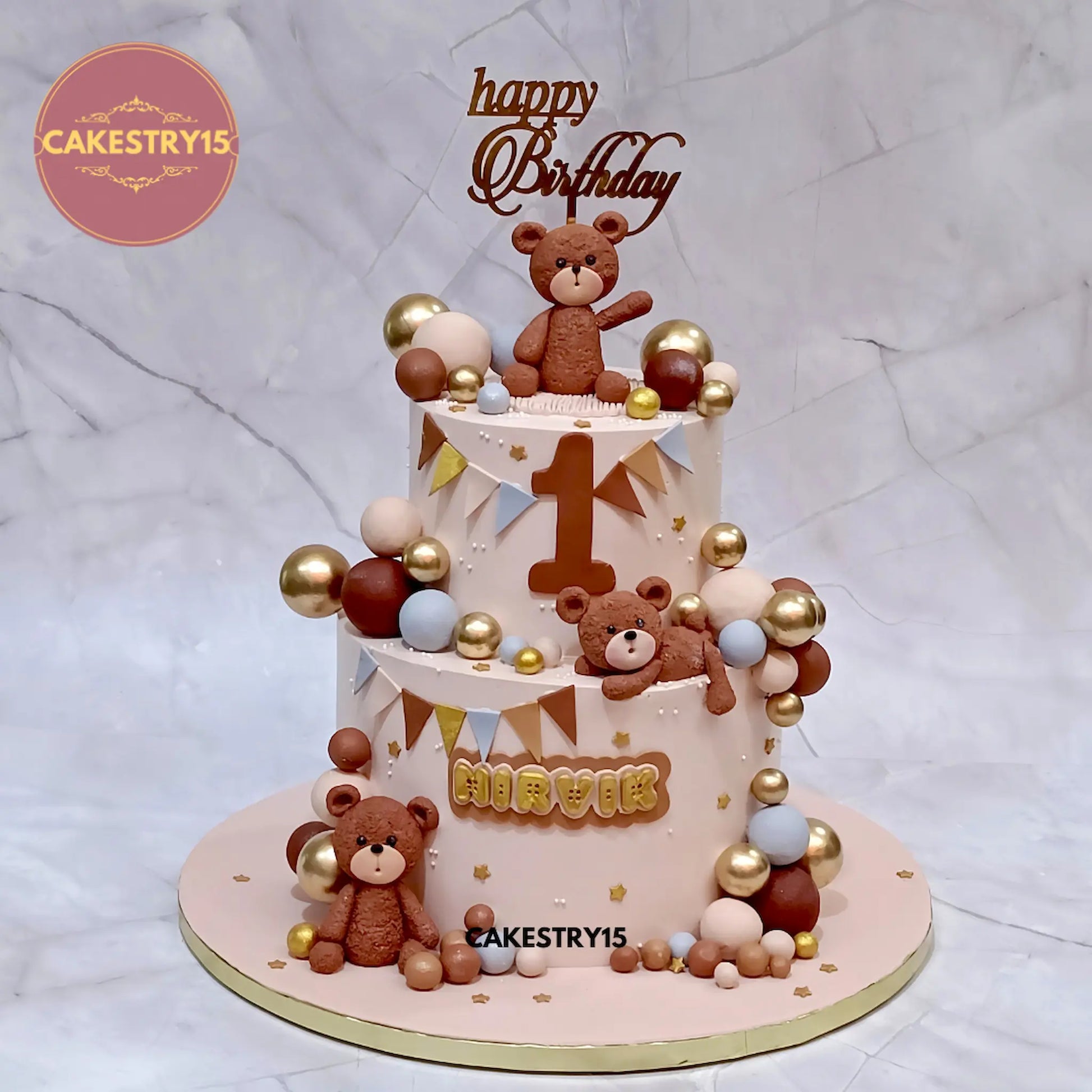 5kg eggless teddy theme choco vanilla first birthday cake by Cakestry15 in Noida
