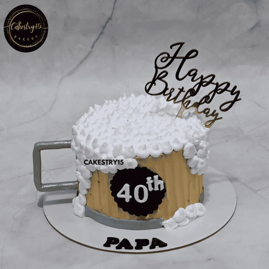 1kg pineapple flavor beer mug-shaped birthday cake for papa with age 40 tag and cream beer froth on top,best bakery noida