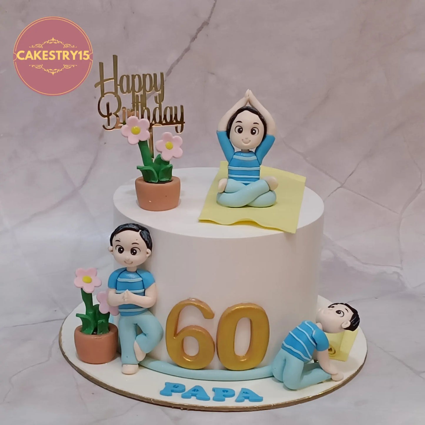 Papa 60th birthday kids birthday cake with yoga theme cake Noida design, premium eggless cakes with figurines