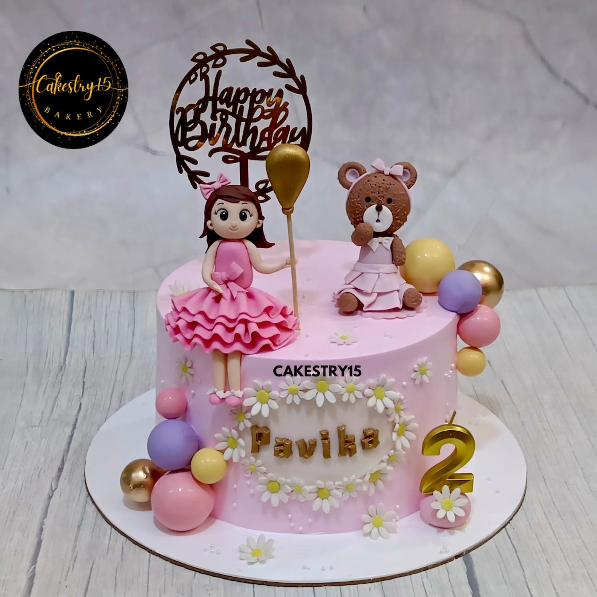 1.5kg blueberry birthday cake with girl figurine, teddy, and age 2 candle