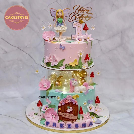 5kg chocolate fairy unicorn theme first birthday cake from Cakestry15 with flowers, butterflies, mushrooms, fondant door and unicorn