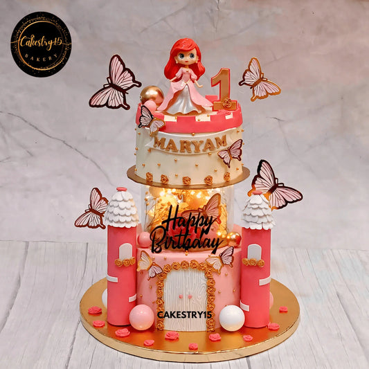 Princess castle-themed chocolate cake for Maryam's first birthday by cakestry15,best bakery noida,castle cake