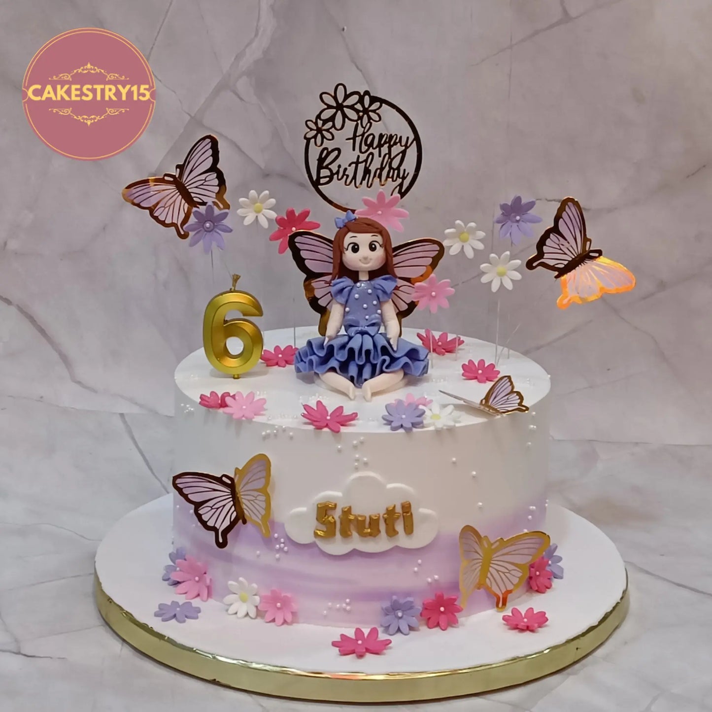 Princess fairy kids birthday cake with butterflies and flowers, premium eggless cakes and theme cake Noida