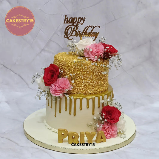 3kg chocolate 2-tier birthday cake with golden drip, roses, carnations, and baby breath from Cakestry15