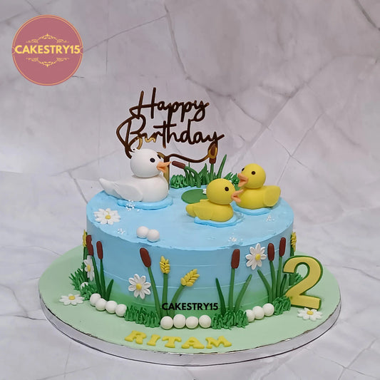 1.5kg chocolate duck theme birthday cake for Ritam’s second birthday by Cakestry15