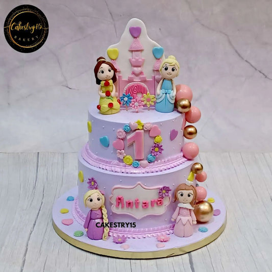 A two-tier blueberry princess-themed birthday cake featuring Rapunzel, Cinderella, Belle, and Aurora figurines with a castle on top, faux balls on one side, and flowers all over by cakestry15 noida