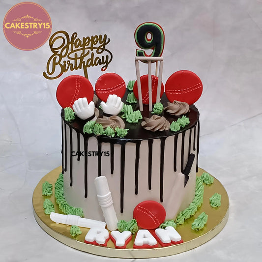 1kg pineapple cricket theme cake with chocolate drip and fondant cricket toppers from Cakestry15 in Noida
