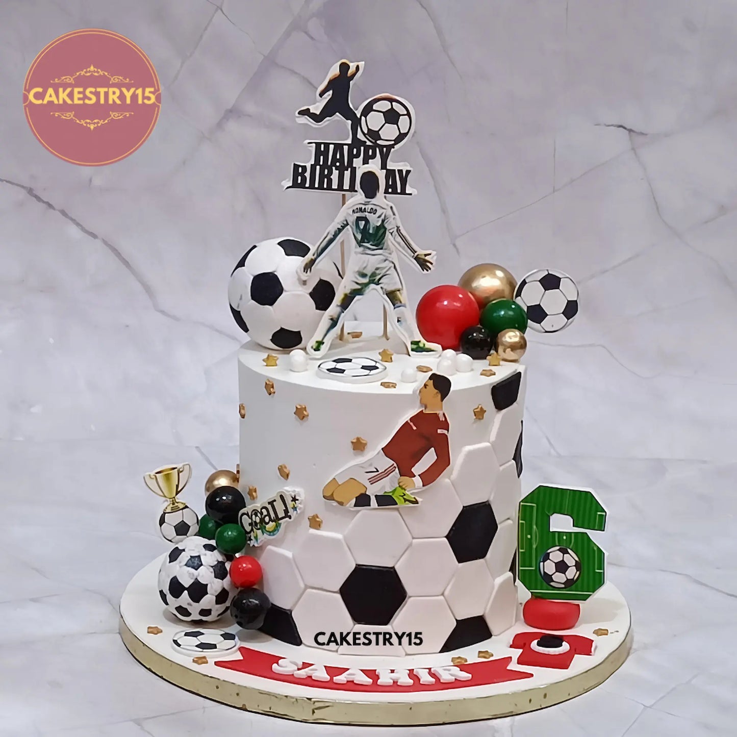 2kg choco chips soccer birthday cake for Saahir, with edible footballer prints, personalized name and age, from Cakestry15 Noida