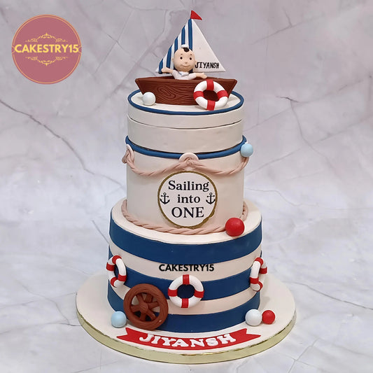 3kg sailor theme full fondant rotating first birthday cake with baby sailor on boat by cakestry15 in noida