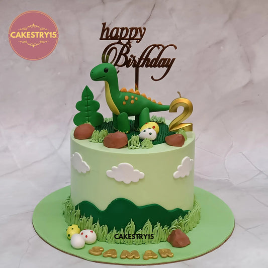 Dino theme 2nd birthday 1.5kg choco vanilla cake with giant dinosaur, eggs, rocks, grass and candle from Cakestry15