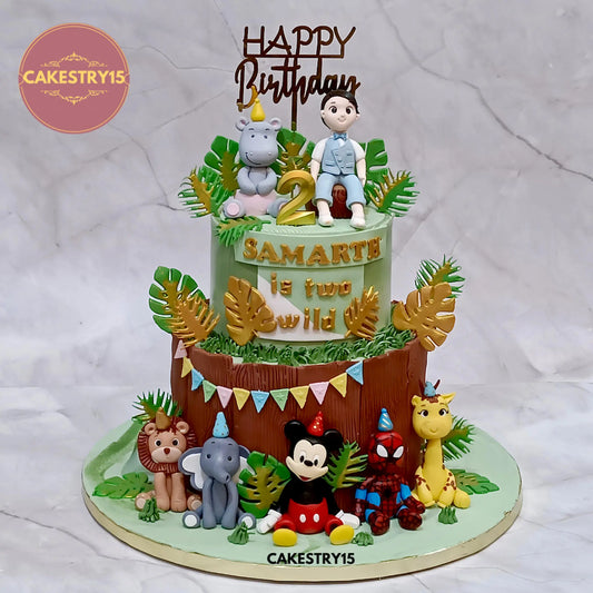 4kg chocolate jungle theme birthday cake with hippo, lion, elephant, giraffe, Minnie Mouse and Spiderman from Cakestry15