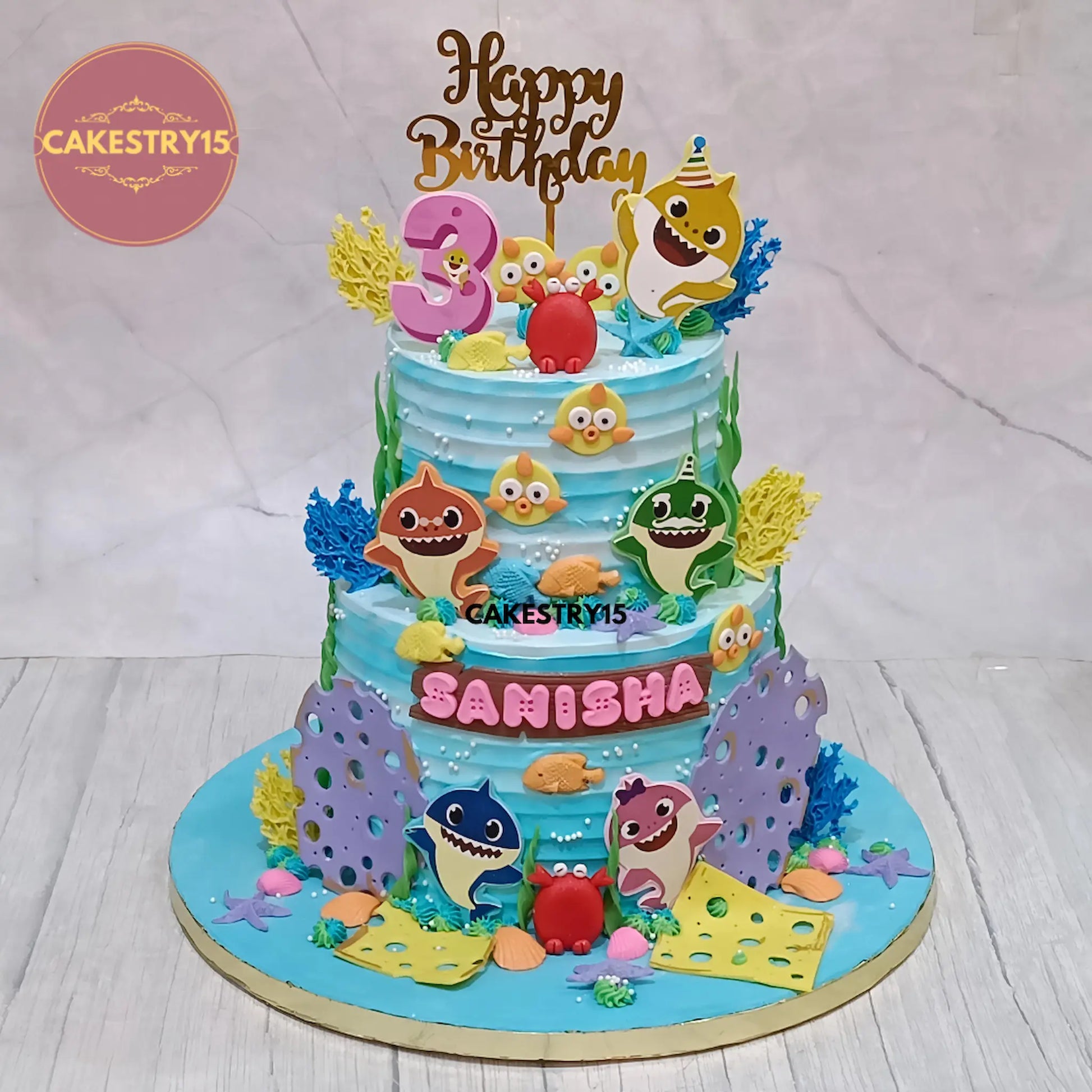 3kg eggless choco butterscotch baby shark birthday cake with coral and crabs by cakestry15