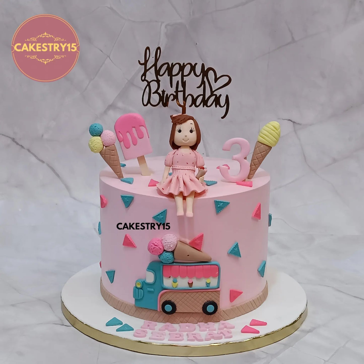 2kg chocolate candy theme birthday cake with girl figurine, waffle cones, ice cream and candy bus, by Cakestry15