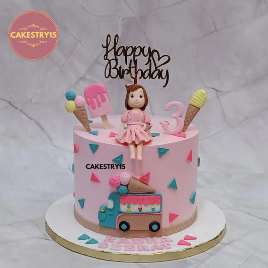 2kg chocolate candy theme birthday cake with girl figurine, waffle cones, ice cream and candy bus, by Cakestry15
