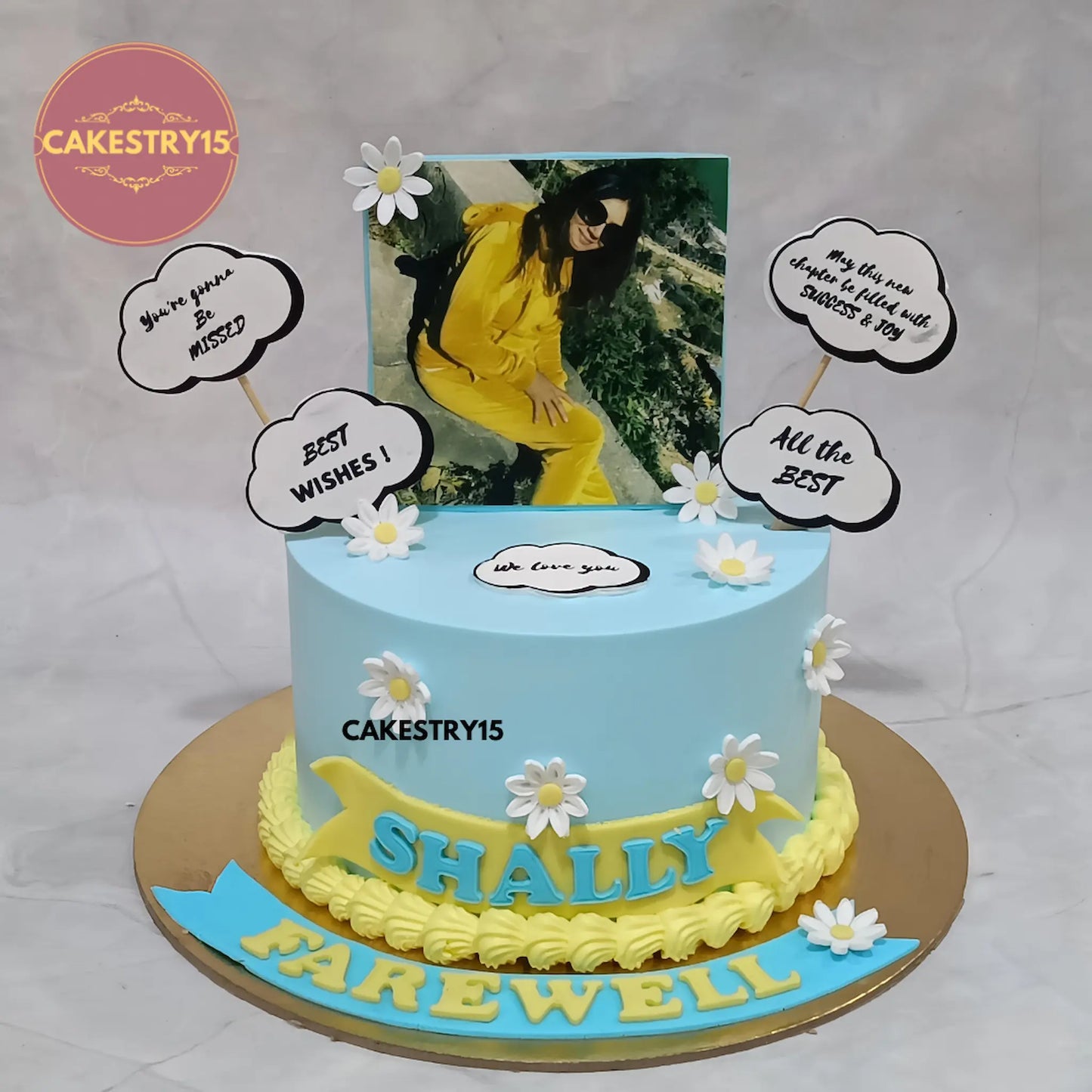 1kg chocolate farewell cake with edible photo and good wishes messages from Cakestry15