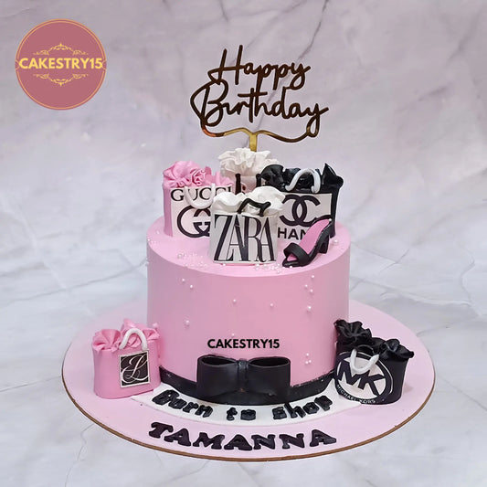 1kg Shopaholic Theme Butterscotch Birthday Cake with branded shopping bags and stilettos by cakestry15 in noida