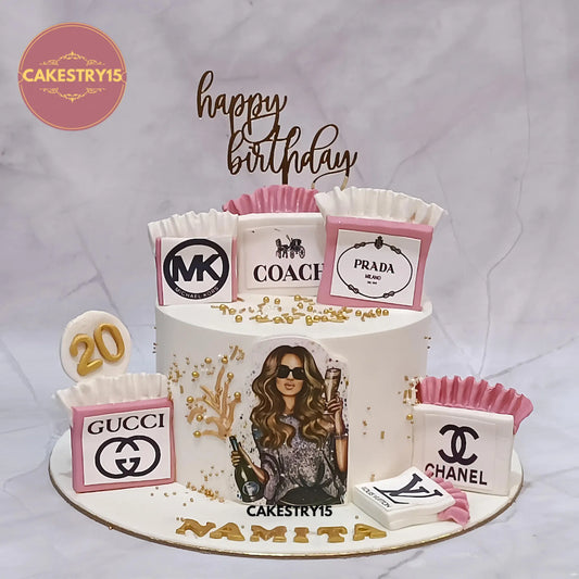 Shopaholic theme eggless black forest birthday cake with luxury shopping bag design by Cakestry15 in Noida