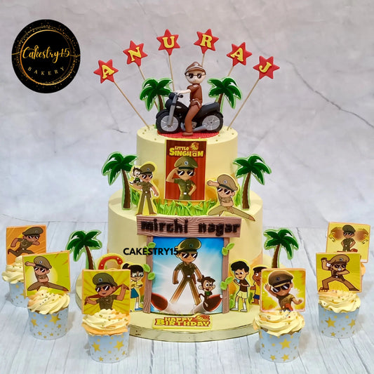 Singham birthday cake in chocolate and pineapple with themed cupcakes from Cakestry15