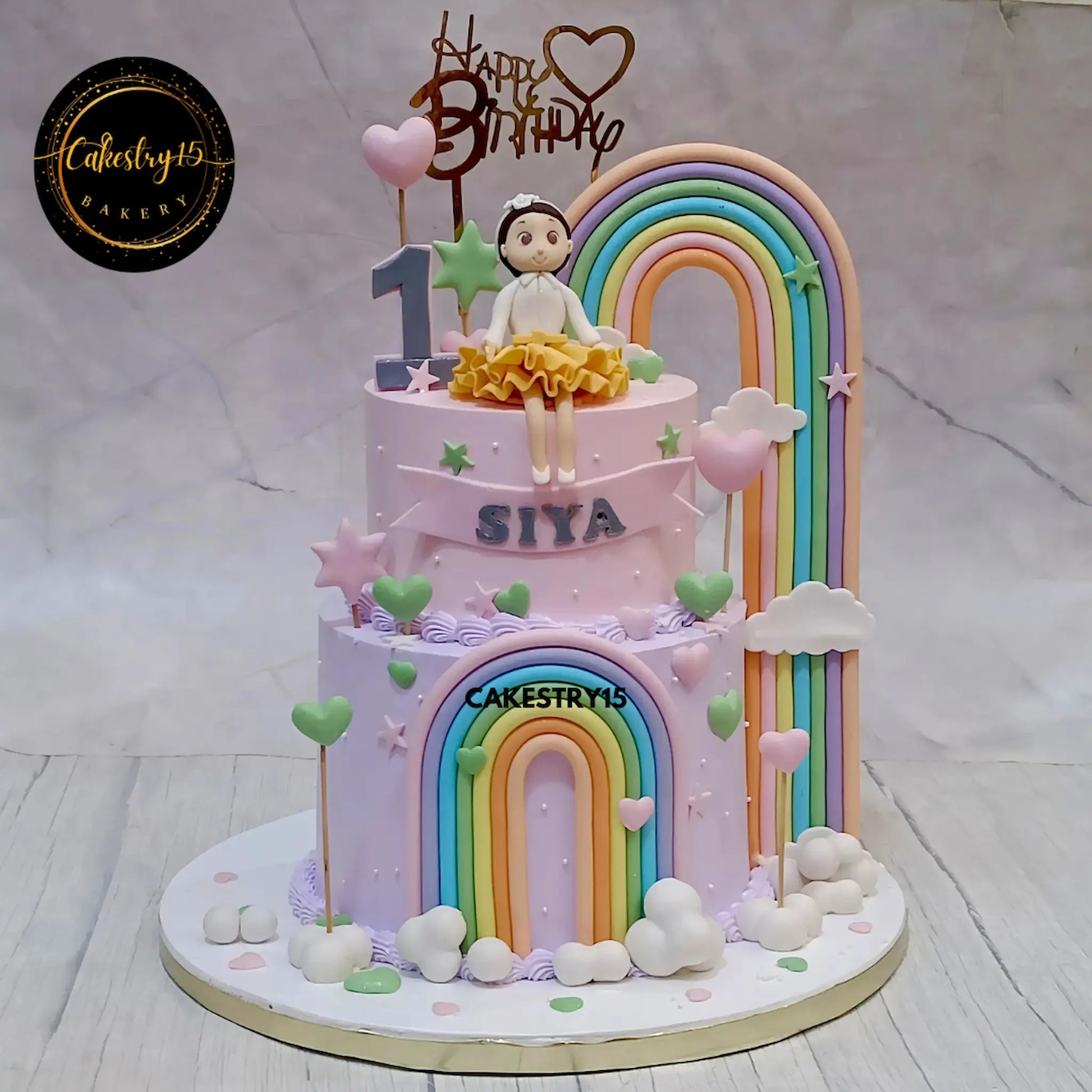 Siya’s 1st birthday 3kg butterscotch doll theme cake with fondant girl, rainbow, clouds, and hearts