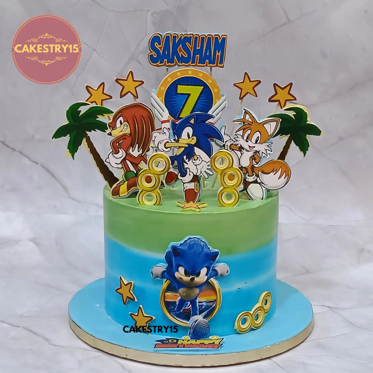 2kg chocolate Sonic theme cake for Saksham’s 7th birthday from Cakestry15, Noida, with edible Sonic characters and coconut trees
