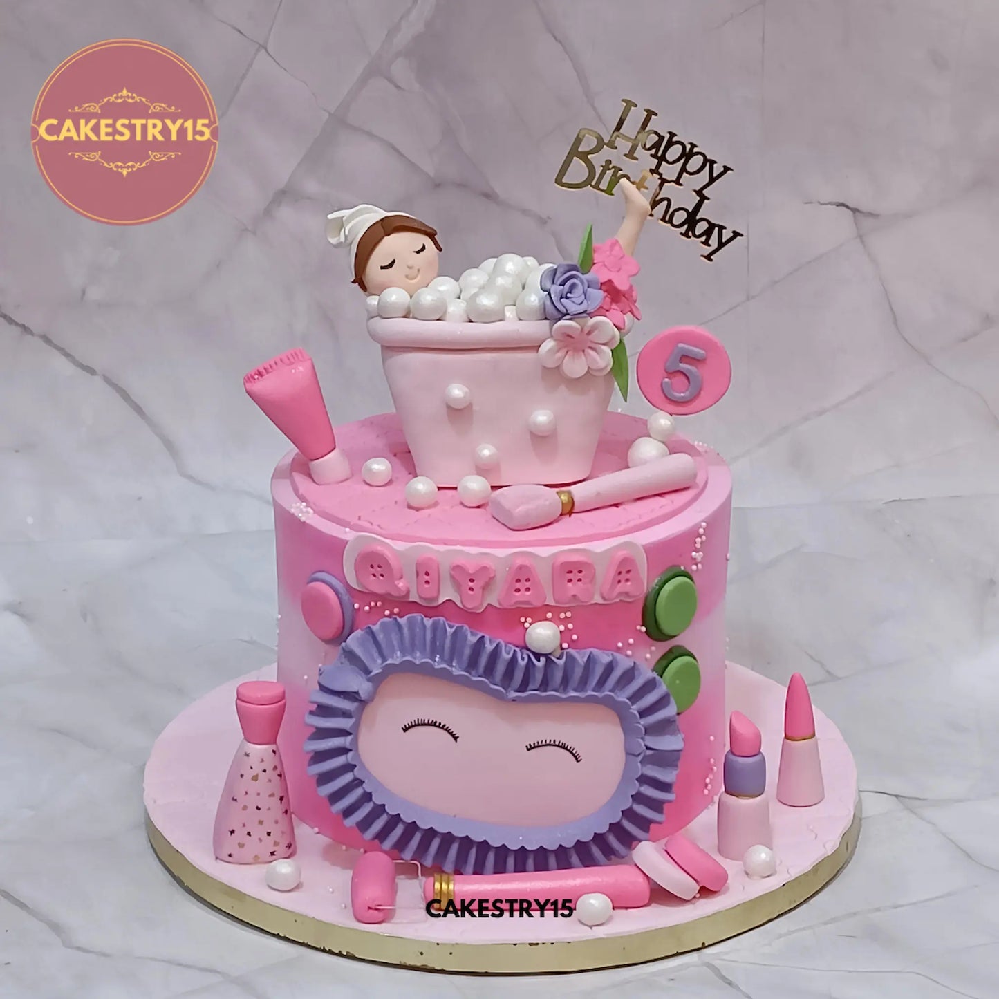 Spa theme kids birthday cake with makeup and bathtub design, premium theme cake Noida from Cakestry15 offering eggless cakes.
