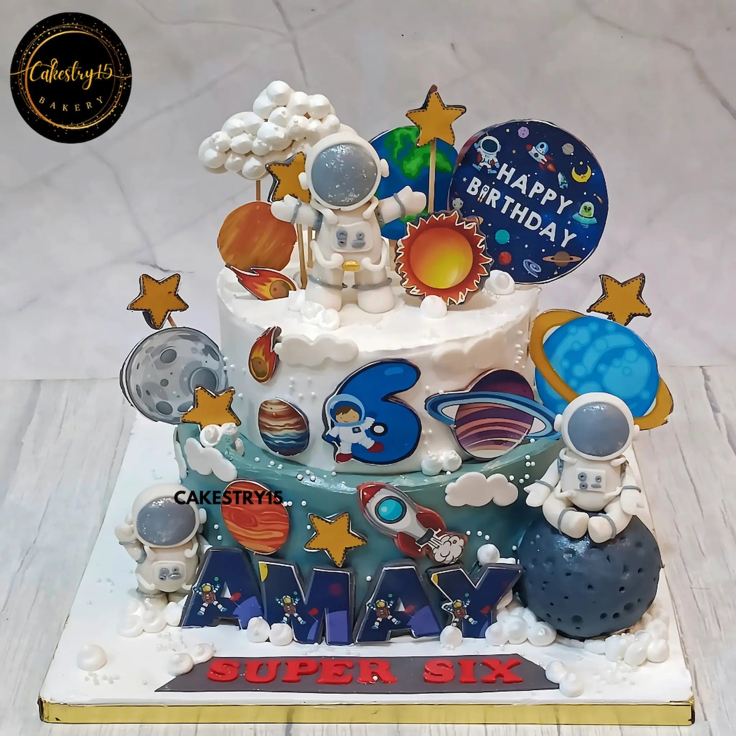 Cosmic Chocolate Delight,space theme 2kg chocolate 2tier 6th birthday cake by cakestry15 noida,cake for boys,cake full image