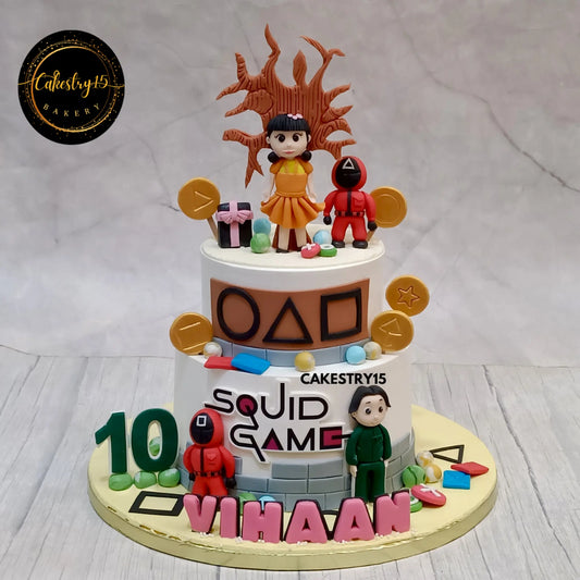 2-tier Squid Game themed 3kg chocolate cake with fondant figures for 10th birthday