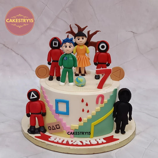 Squid Game theme birthday cake with characters in choco vanilla flavor from Cakestry15 in noida