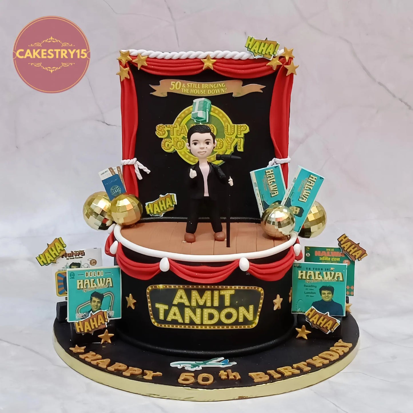 Stand-up comedy theme eggless birthday cake with stage setup, fondant comedian figure, tickets, banners and disco balls by Cakestry15 in Noida