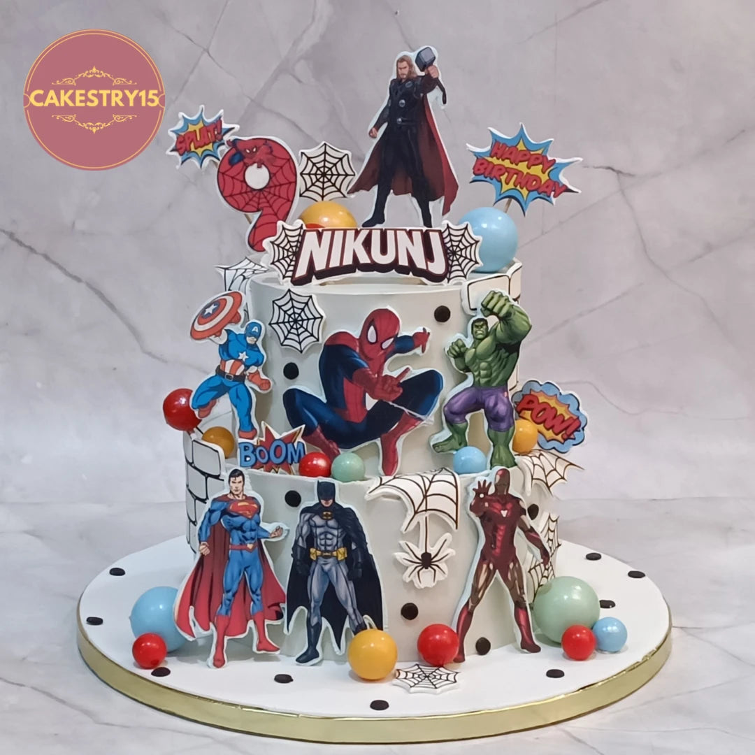 Superhero Squad kids birthday cake featuring popular heroes, premium theme cake Noida design from Cakestry15 with fresh eggless cakes for celebrations.