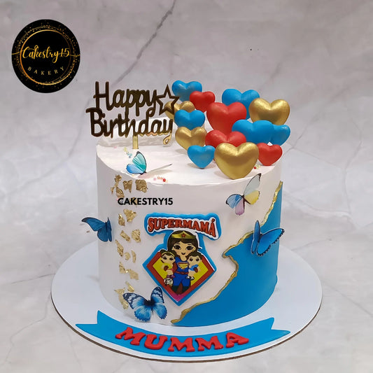 1kg pineapple birthday cake for mom with supermama image, blue butterflies, golden foil – by Cakestry15