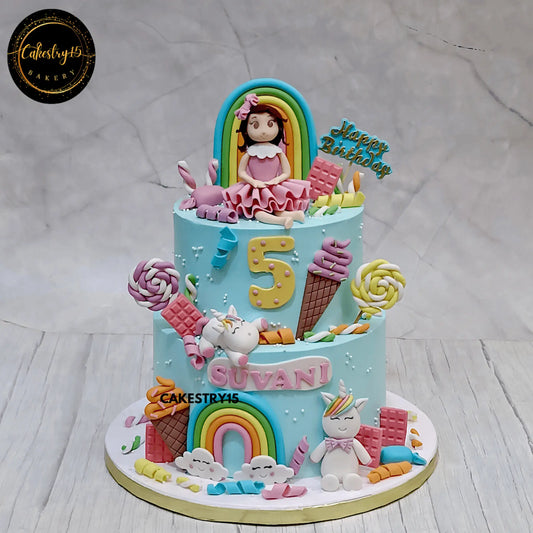 Candyland themed birthday cake with unicorn and rainbow design for a 5-year-old’s birthday by cakestry15,best bakery noida