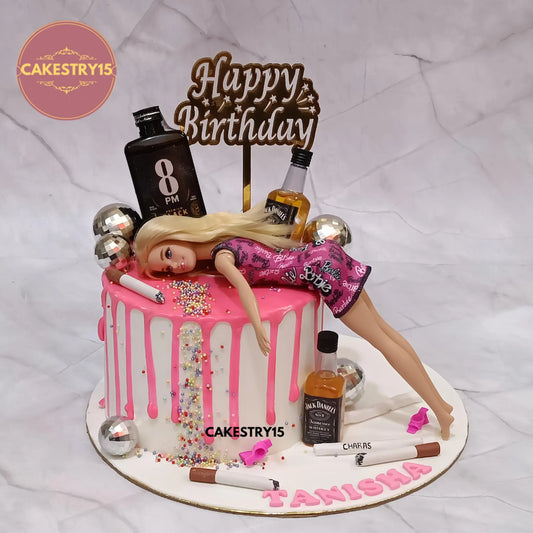 1kg pineapple Barbie birthday cake with pink drip, disco faux balls and fondant cigarettes from Cakestry15 Noida