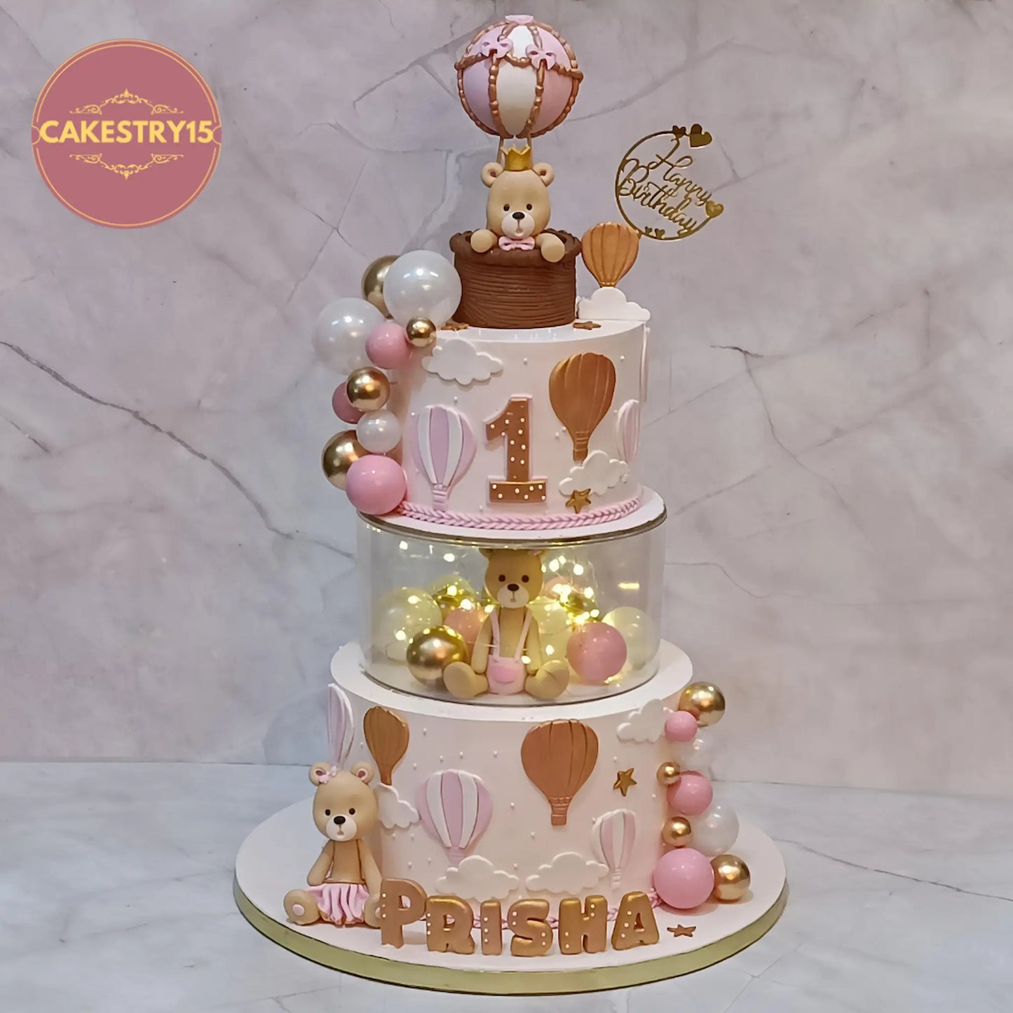 Eggless teddy air balloon first birthday cake with spacer lights for kids in Noida by Cakestry15
