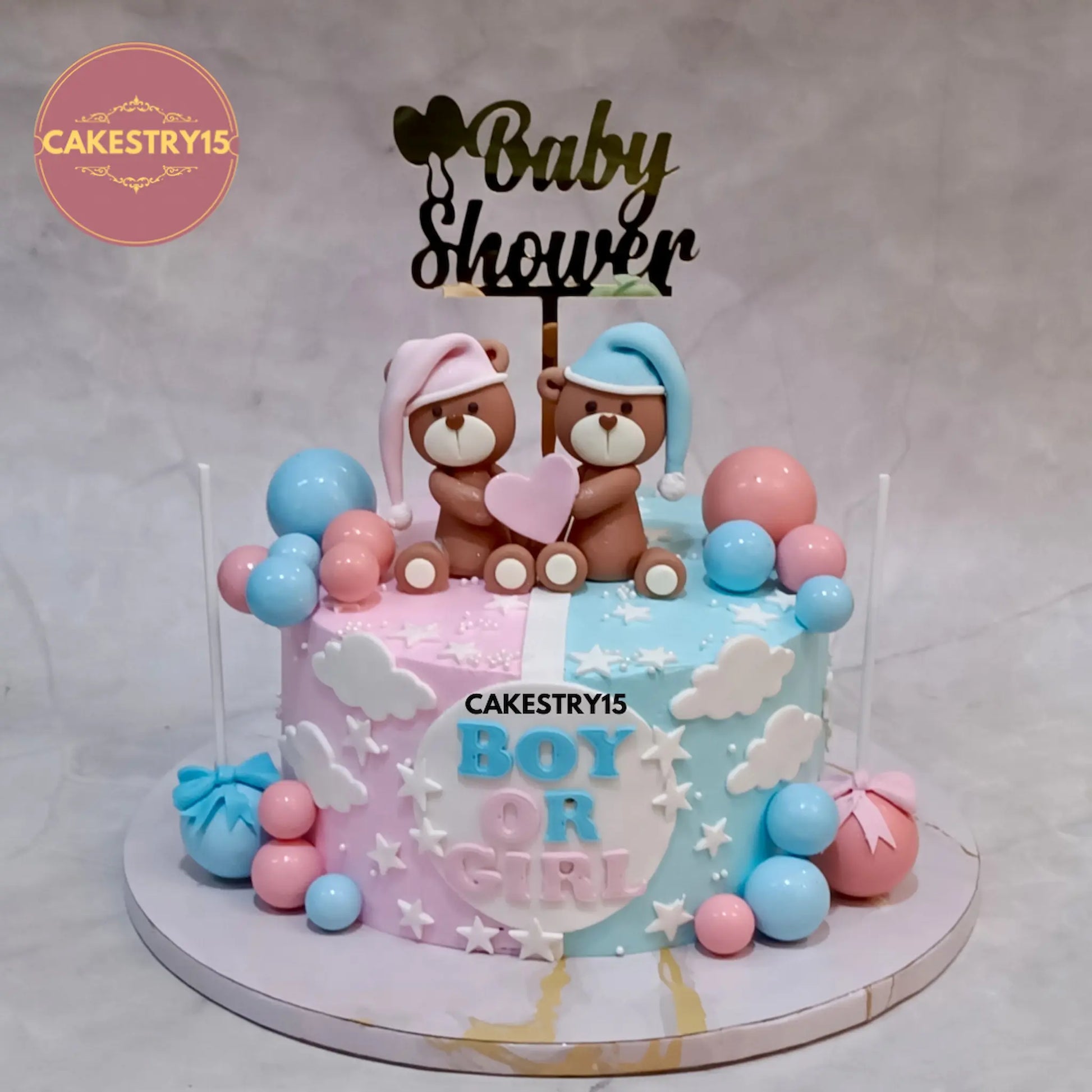 Teddy Love 2kg baby shower cake in choco vanilla with pink and blue theme by cakestry15