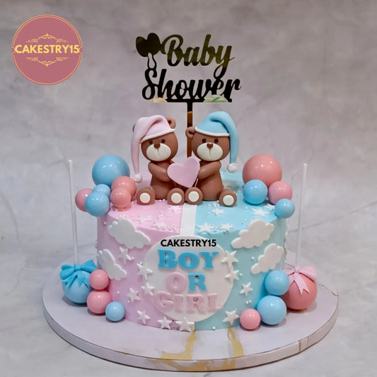 Teddy Love 2kg baby shower cake in choco vanilla with pink and blue theme by cakestry15