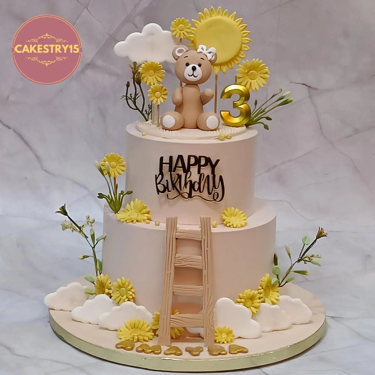 Teddy sunflower theme 3rd birthday cake eggless kids birthday cake in Noida with floral and teddy design