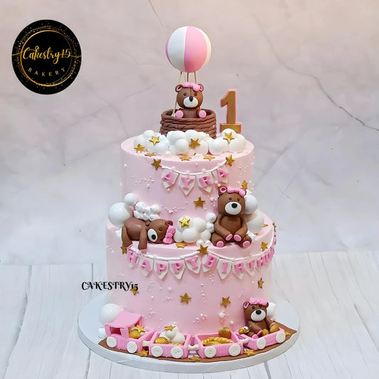 teddy train theme 5kg size 2tier mixed fruit flavor 1st birthday cake,full image