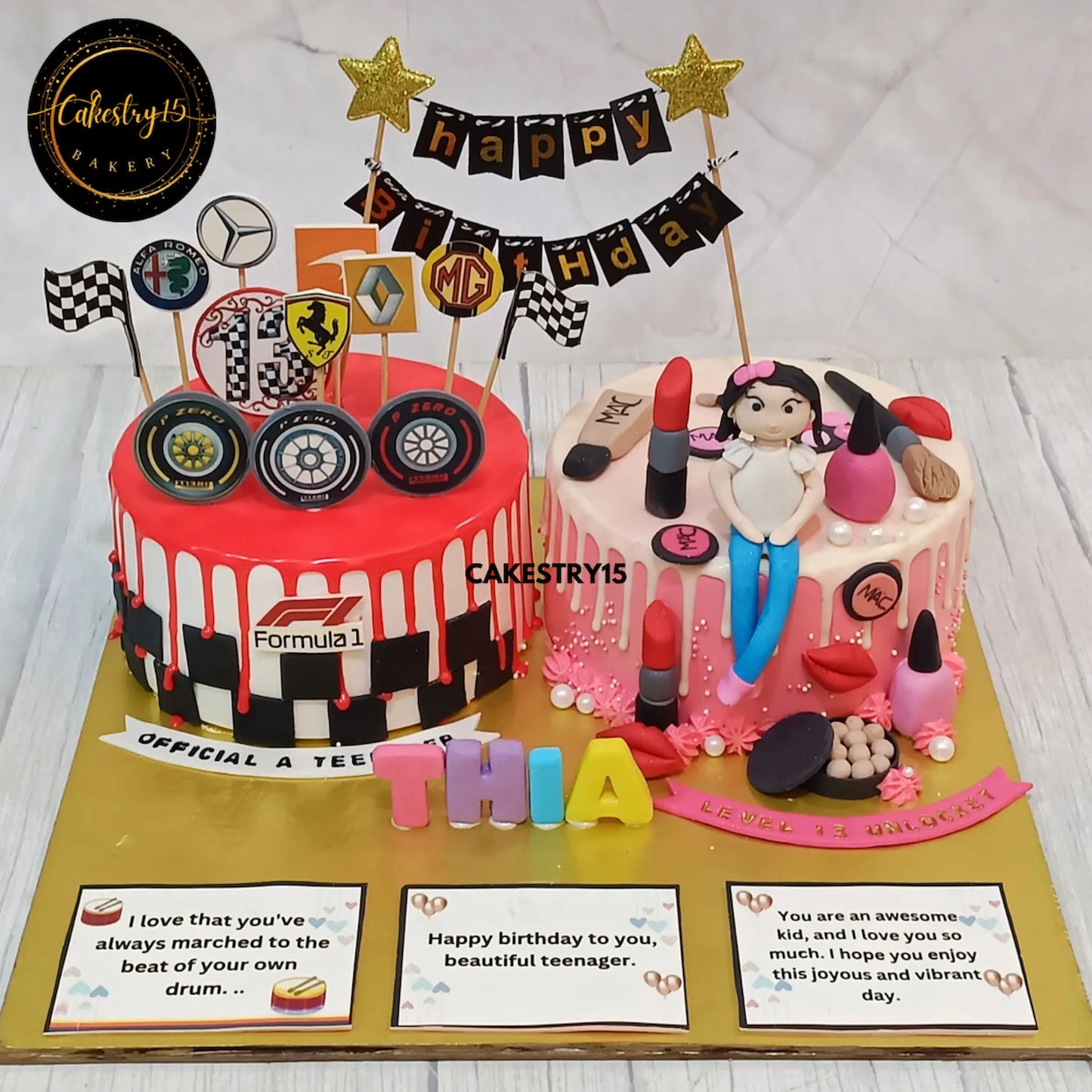13th birthday cake combo with chocolate and pineapple flavors, featuring car and makeup themes by Cakestry15