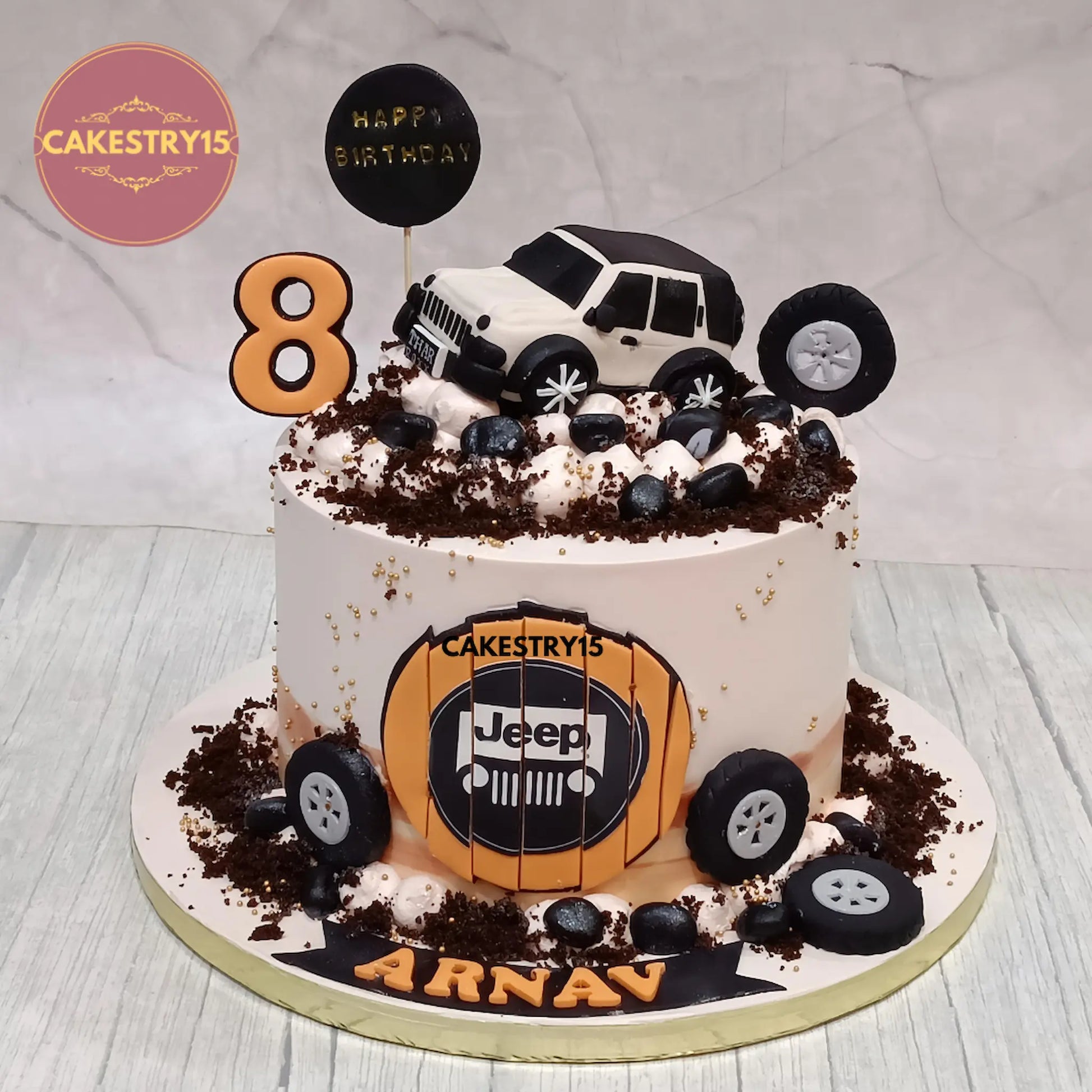 Thar-themed 2kg butterscotch birthday cake with edible jeep and fondant terrain for Arnav's 8th birthday