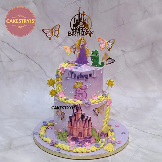 3kg eggless Rapunzel theme black forest birthday cake with fondant braid and edible images from Cakestry15 Noida