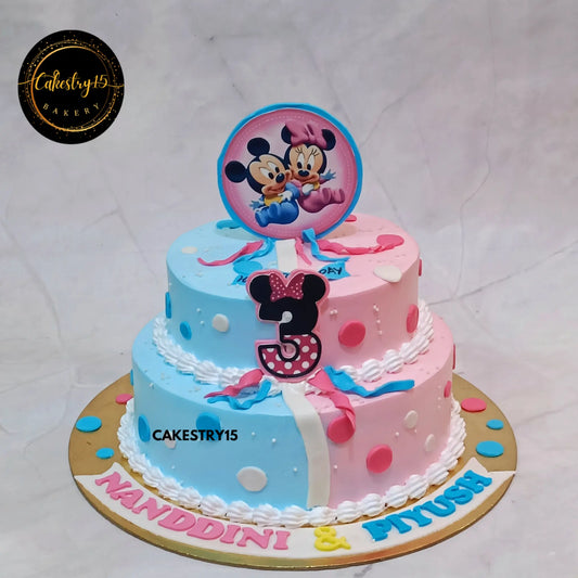 2kg pineapple birthday cake for twins with Mickey & Minnie theme in pink and blue by Cakestry15 Noida